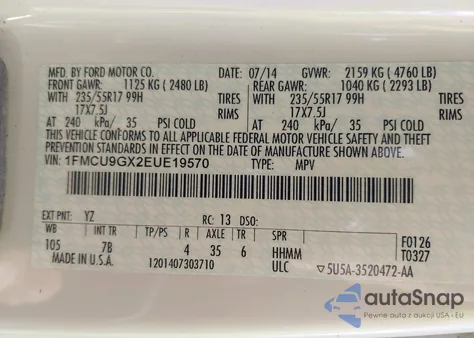 2014 Ford Escape Se from USA, damaged, VIN 1FMCU9GX2EUE19570